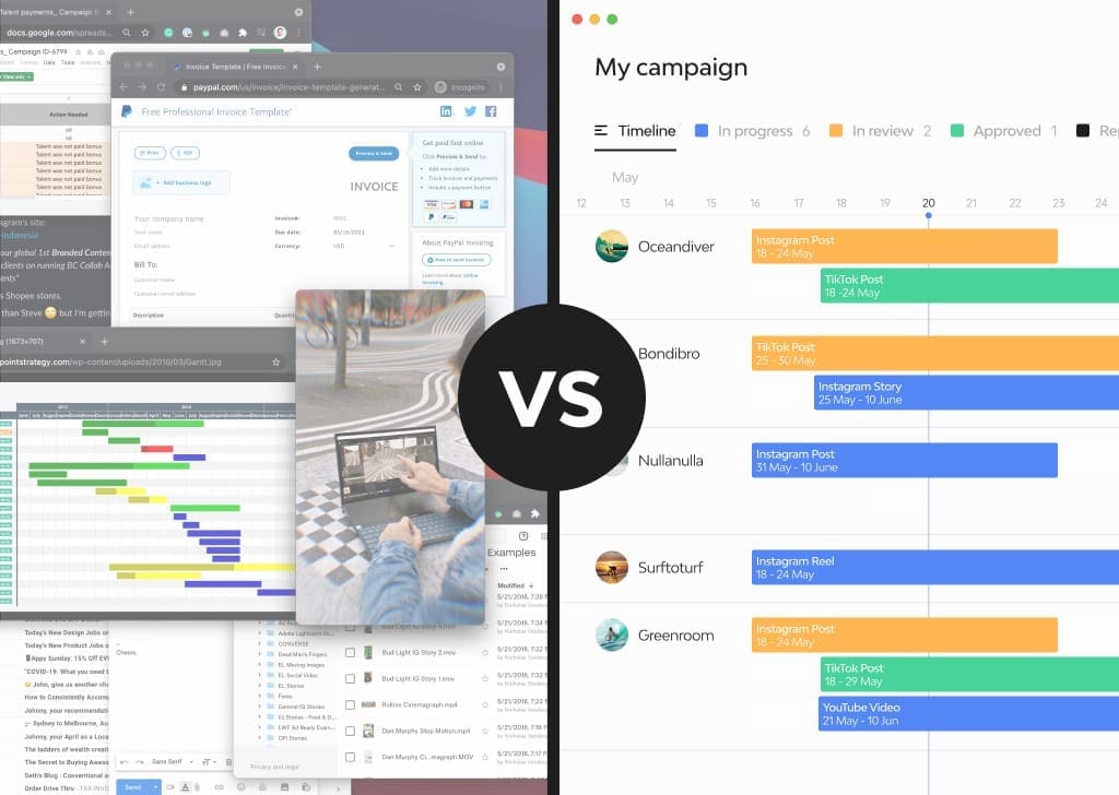 The vamp influencer marketing platform against manual spreadsheets, multiple invoice software and many communication tools.